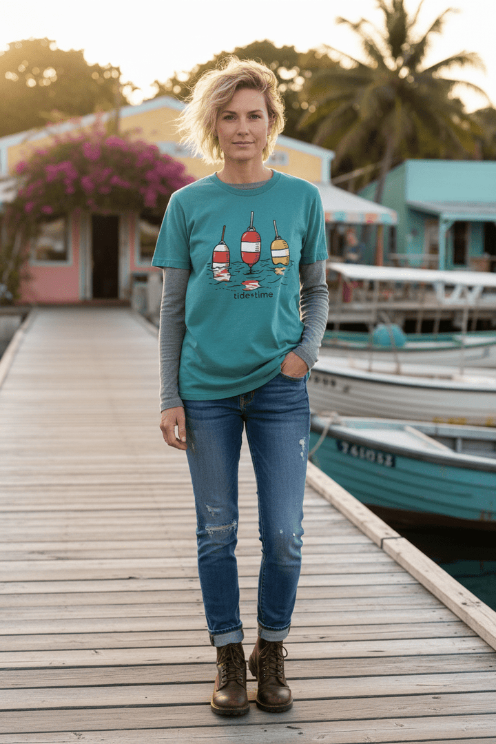 Female lifestyle - Tide + Time Beach Buoy Tee in teal on tropical island dock