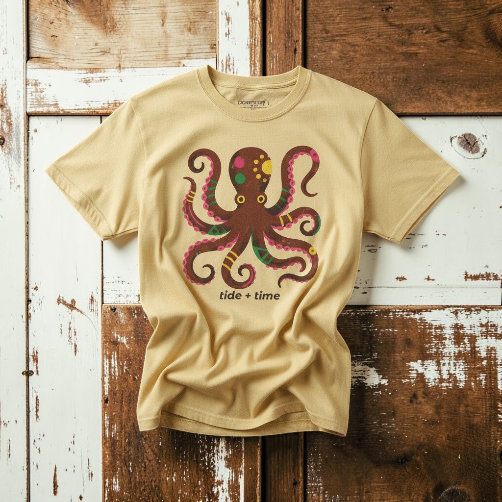 Tide + Time Octopus banana garment-dyed tee casually tousled on rustic reclaimed wood