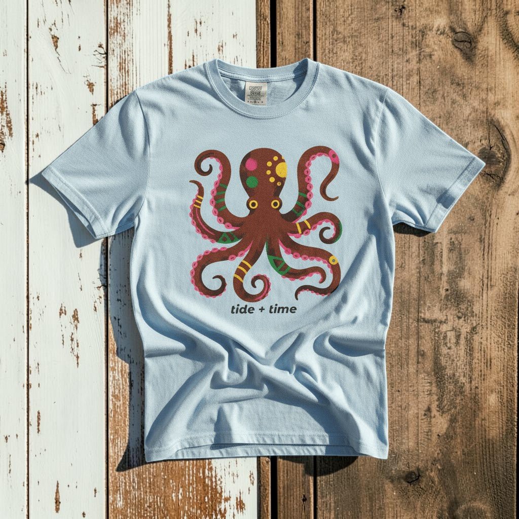 Tide + Time Octopus chambray garment-dyed tee casually tousled on rustic reclaimed wood