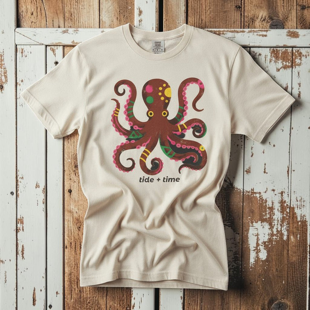 Tide + Time Octopus ivory garment-dyed tee casually tousled on rustic reclaimed wood