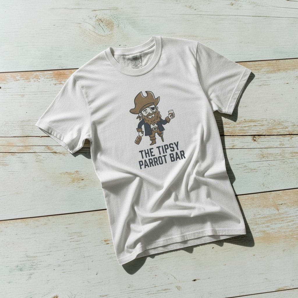 Tipsy Parrot Bar white garment-dyed tee casually tousled on rustic reclaimed wood