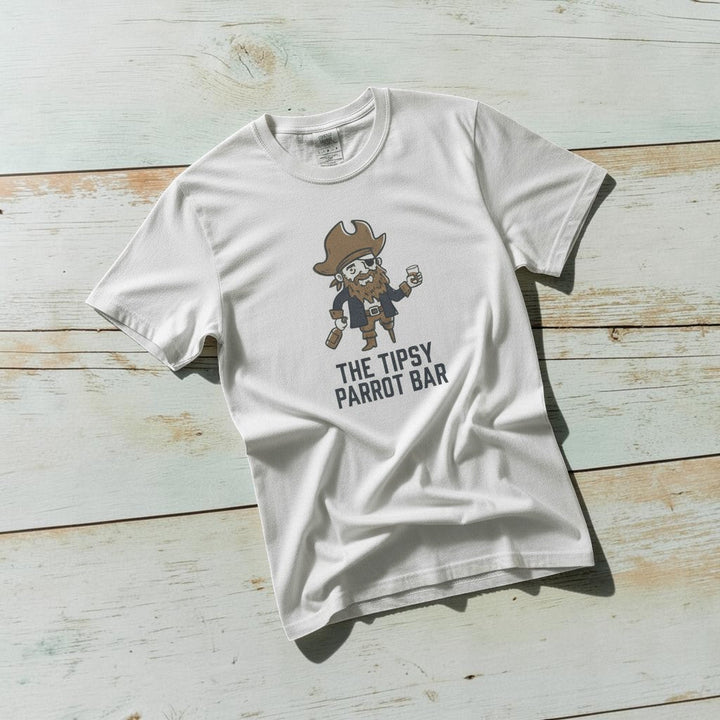 Tipsy Parrot Bar white garment-dyed tee casually tousled on rustic reclaimed wood