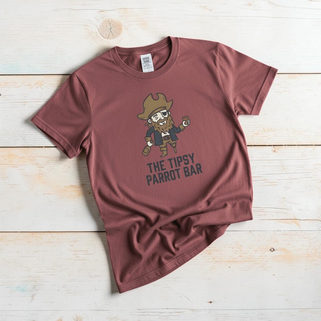 Tipsy Parrot Bar brick garment-dyed tee casually tousled on rustic reclaimed wood