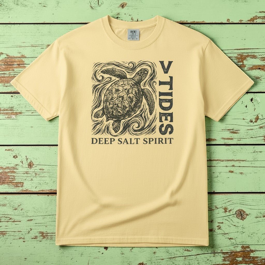 Flat lay - yellow V Tides Deep Salt Spirit tee on weathered driftwood planks