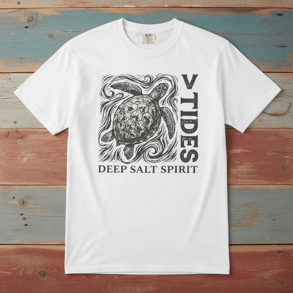 Flat lay - white V Tides Deep Salt Spirit tee on weathered driftwood planks