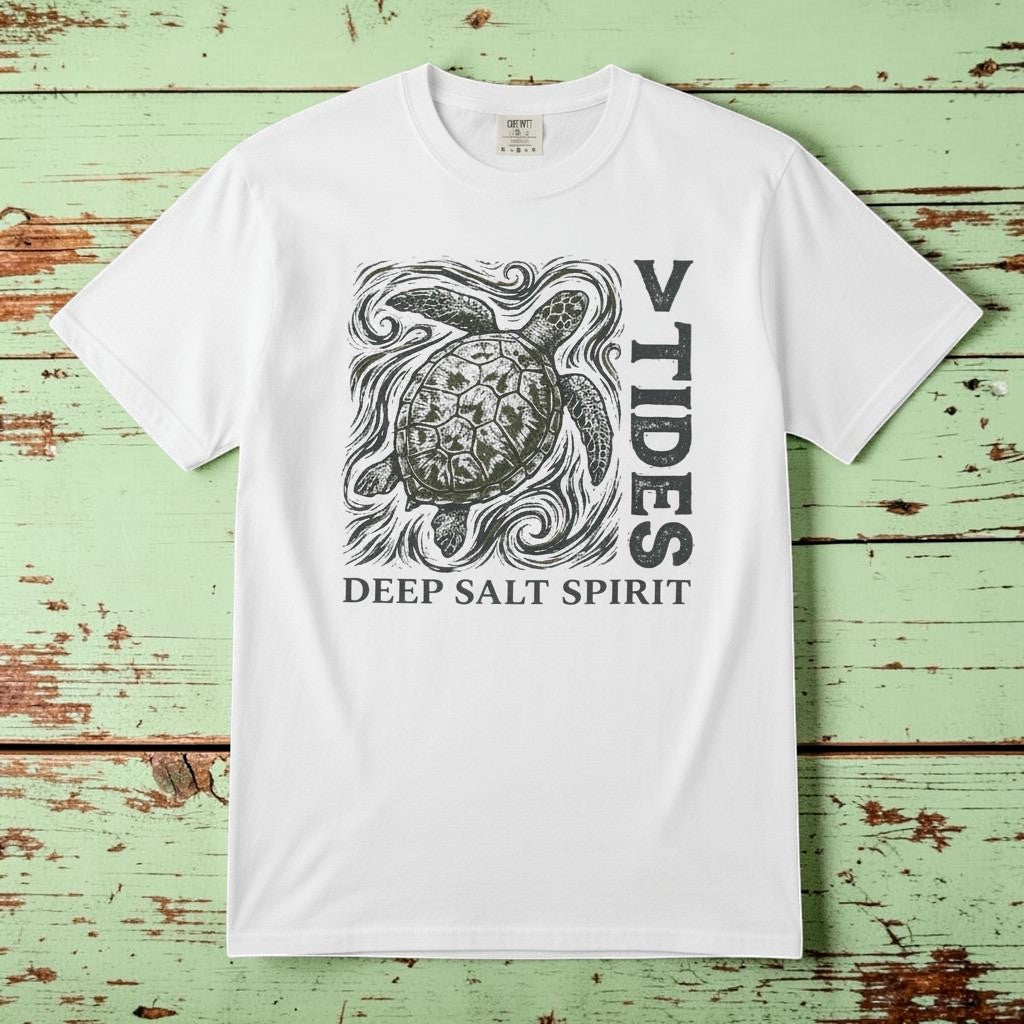 Flat lay - white V Tides Deep Salt Spirit tee on weathered driftwood planks