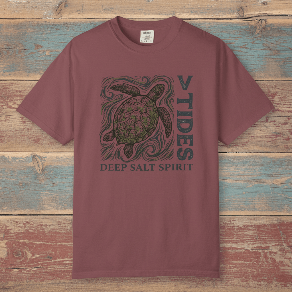 Flat lay - mauve V Tides Deep Salt Spirit tee on weathered driftwood planks