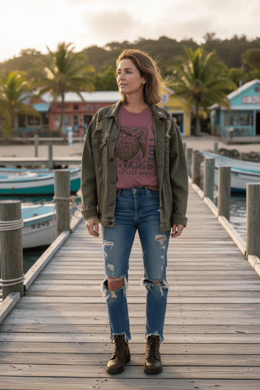 Female lifestyle - mauve V Tides Deep Salt Spirit tee on tropical island dock