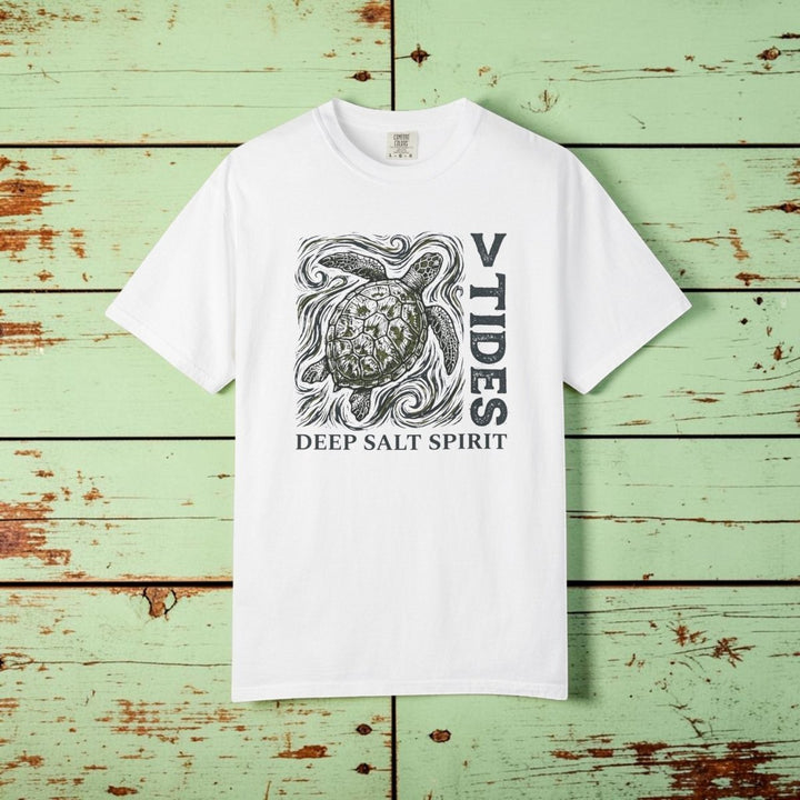 White t-shirt with turtle graphic and text on a white background