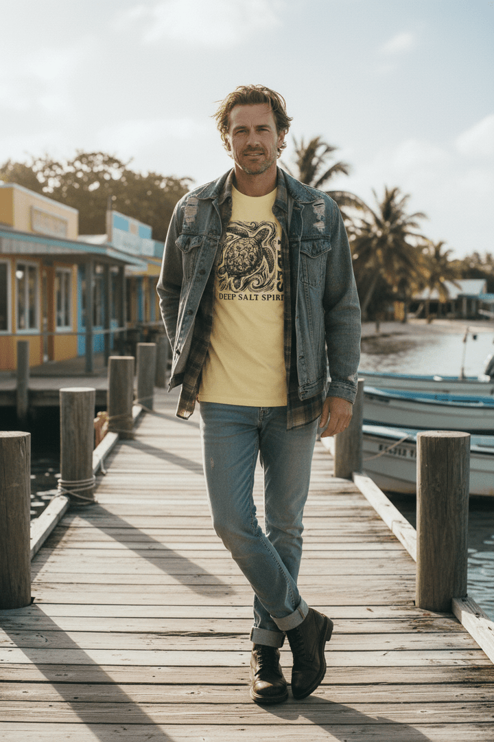 Male lifestyle - yellow V Tides Deep Salt Spirit tee on tropical island dock