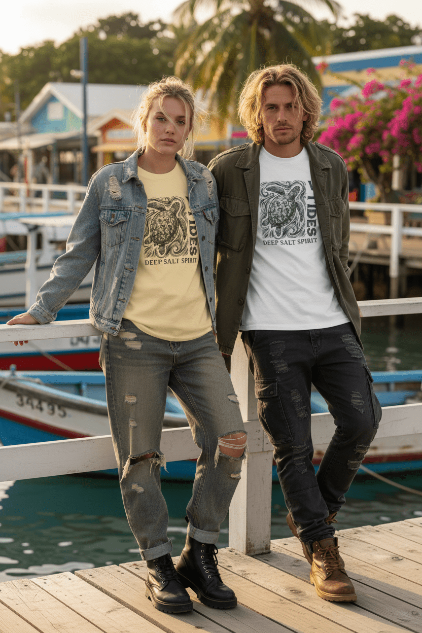 Couple lifestyle - white and yellow V Tides Deep Salt Spirit tees on tropical island dock
