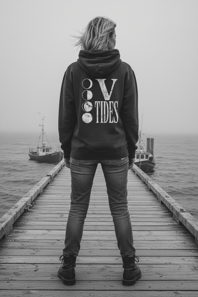 Female model showing back of pepper charcoal V Tides Moon Phases hoodie on grey Maine dock — color pop lifestyle