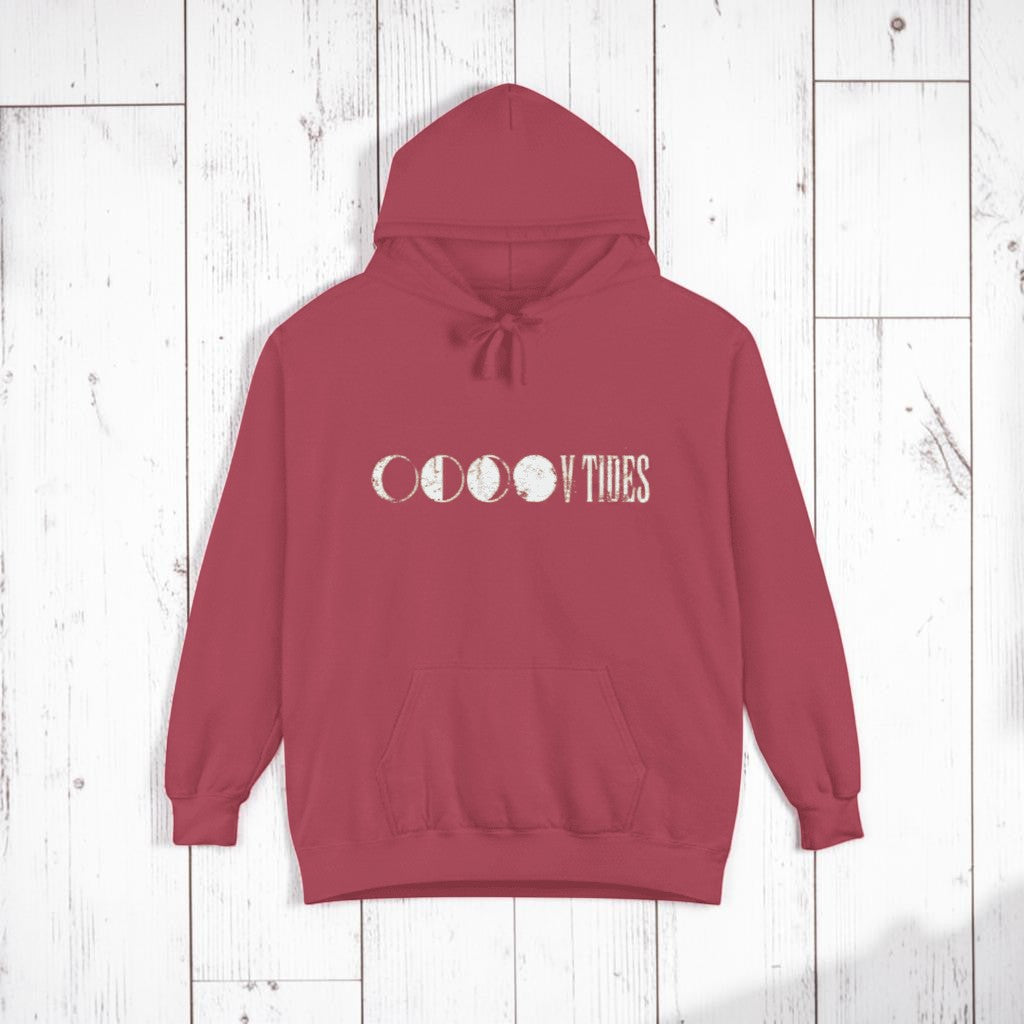 Crimson V Tides Moon Phases hoodie on sandy beige background — mobile product shot
