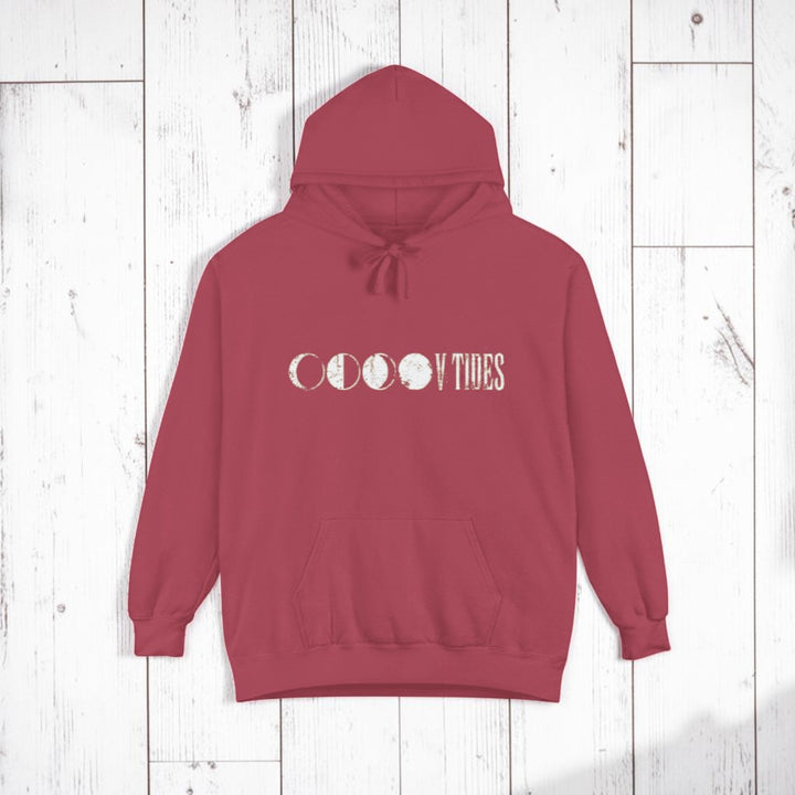 Crimson V Tides Moon Phases hoodie on sandy beige background — mobile product shot