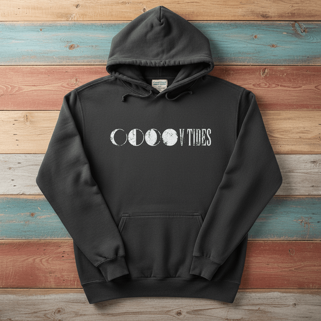 Pepper charcoal V Tides Moon Phases hoodie flat lay on weathered driftwood planks