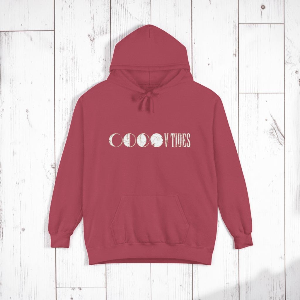 Crimson V Tides Moon Phases hoodie on sandy beige background — mobile product shot