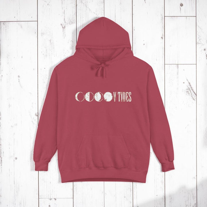Crimson V Tides Moon Phases hoodie on sandy beige background — mobile product shot