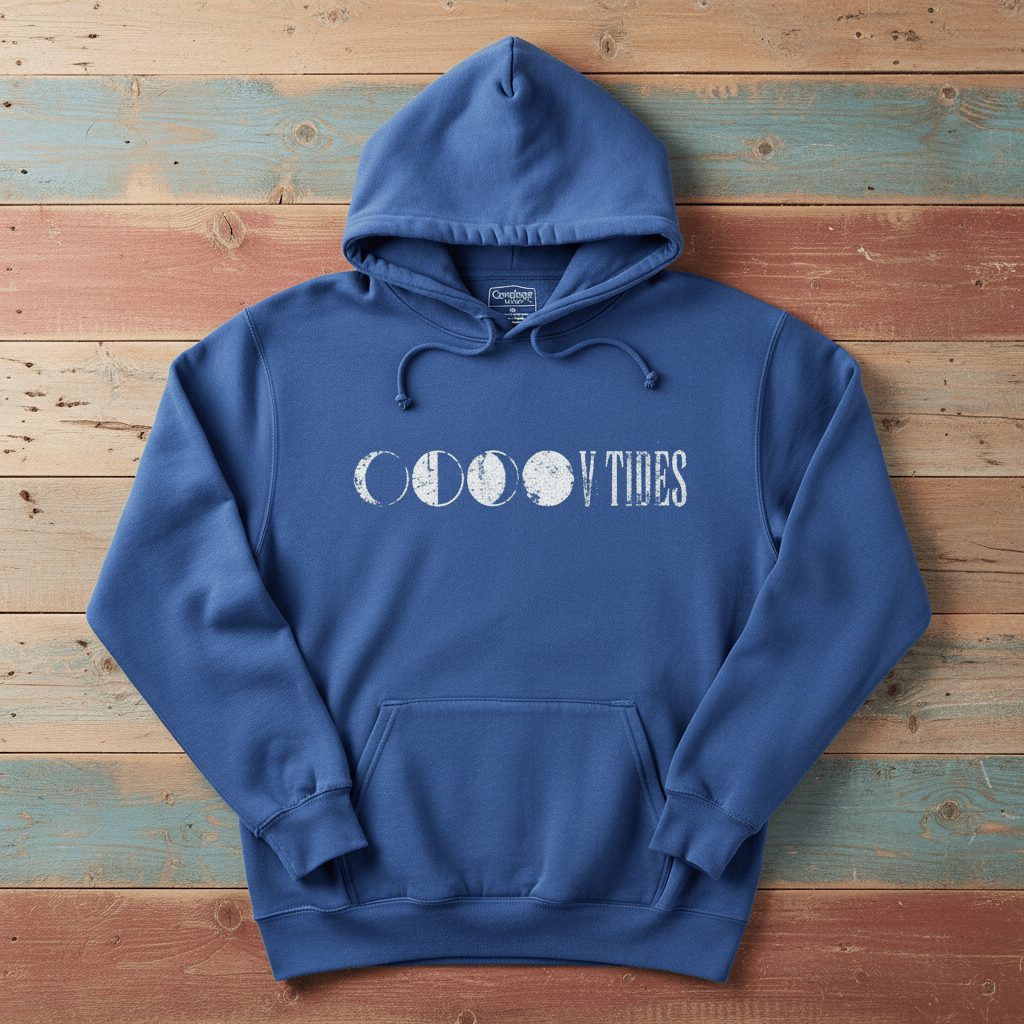Flo Blue V Tides Moon Phases hoodie flat lay on weathered driftwood planks