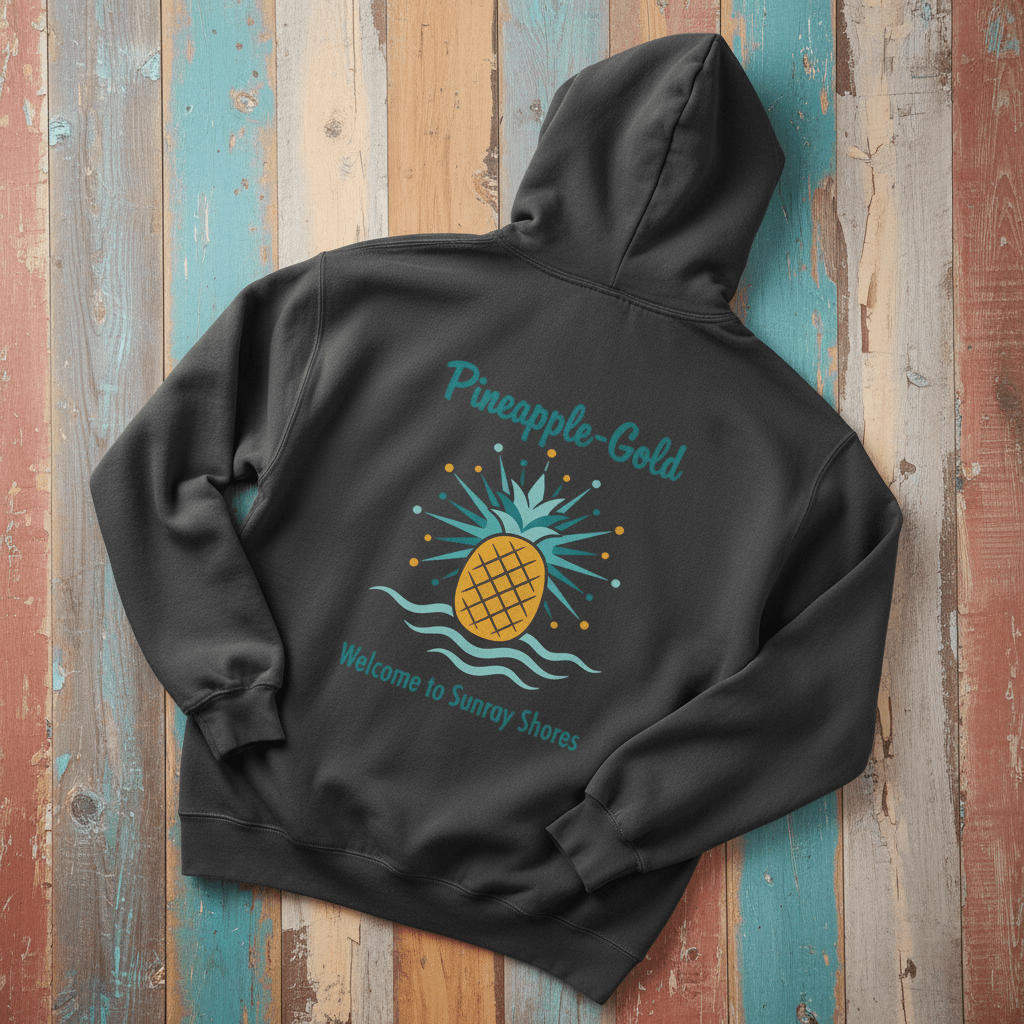 Pineapple-Gold Hoodie in Charcoal — back graphic with colorful pineapple and Welcome to Sunray Shores text on driftwood