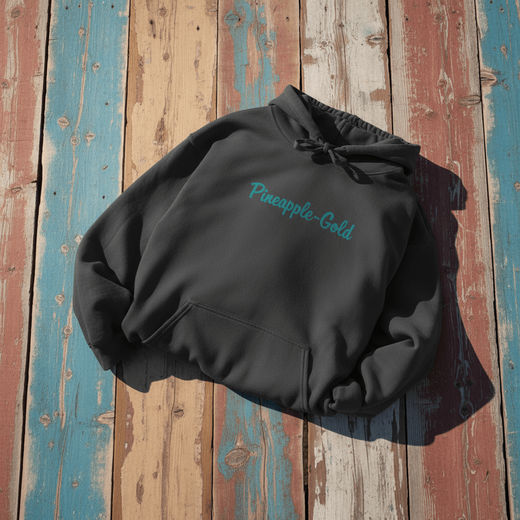 Pineapple-Gold Hoodie in Charcoal — front chest Pineapple-Gold script on driftwood