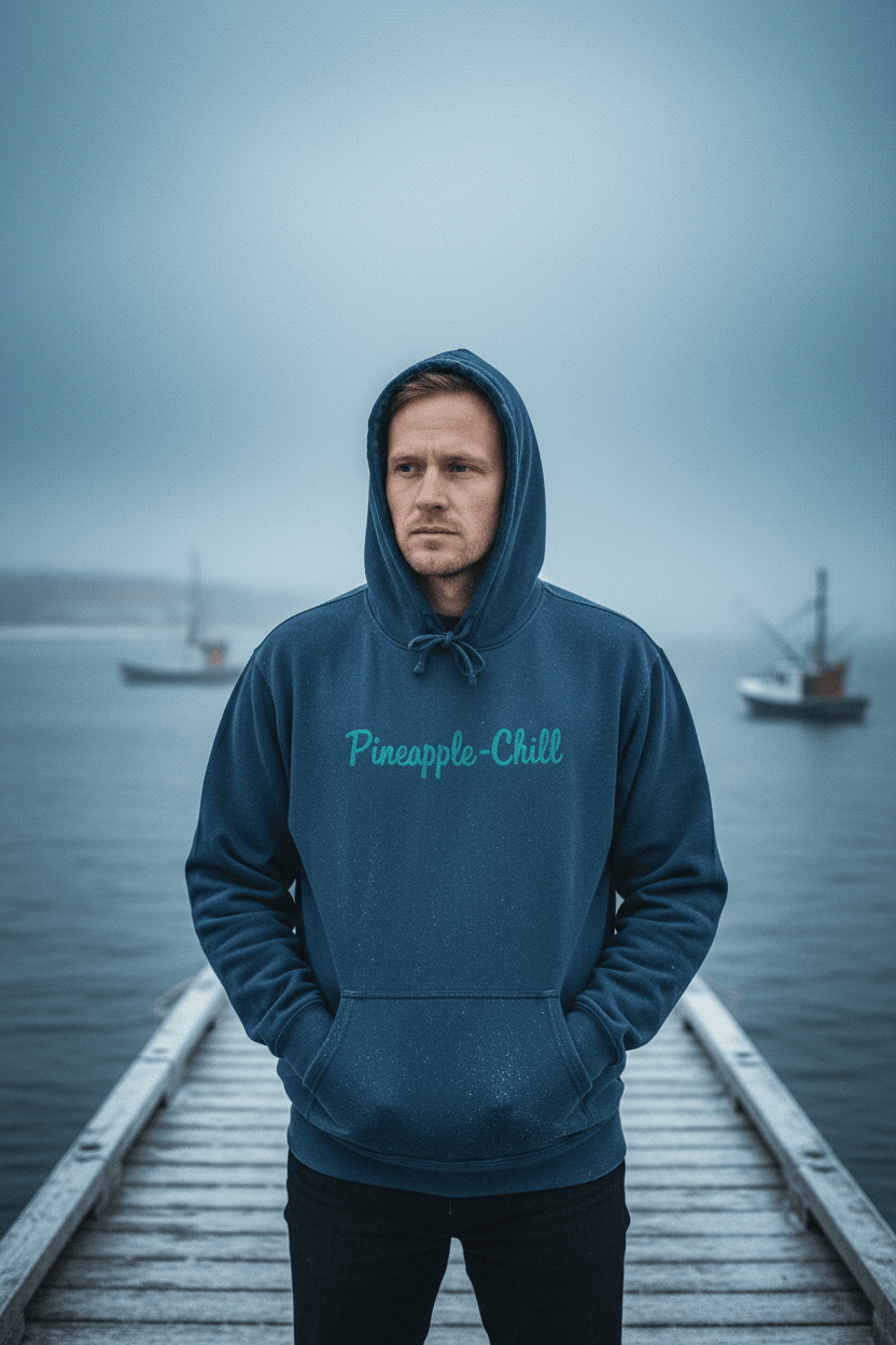 Male model wearing Pineapple Chill Hoodie in Steel Blue on a moody Maine winter coastal dock