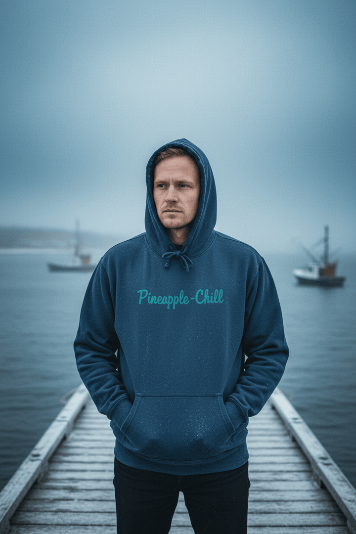 Male model wearing Pineapple Chill Hoodie in Steel Blue on a moody Maine winter coastal dock