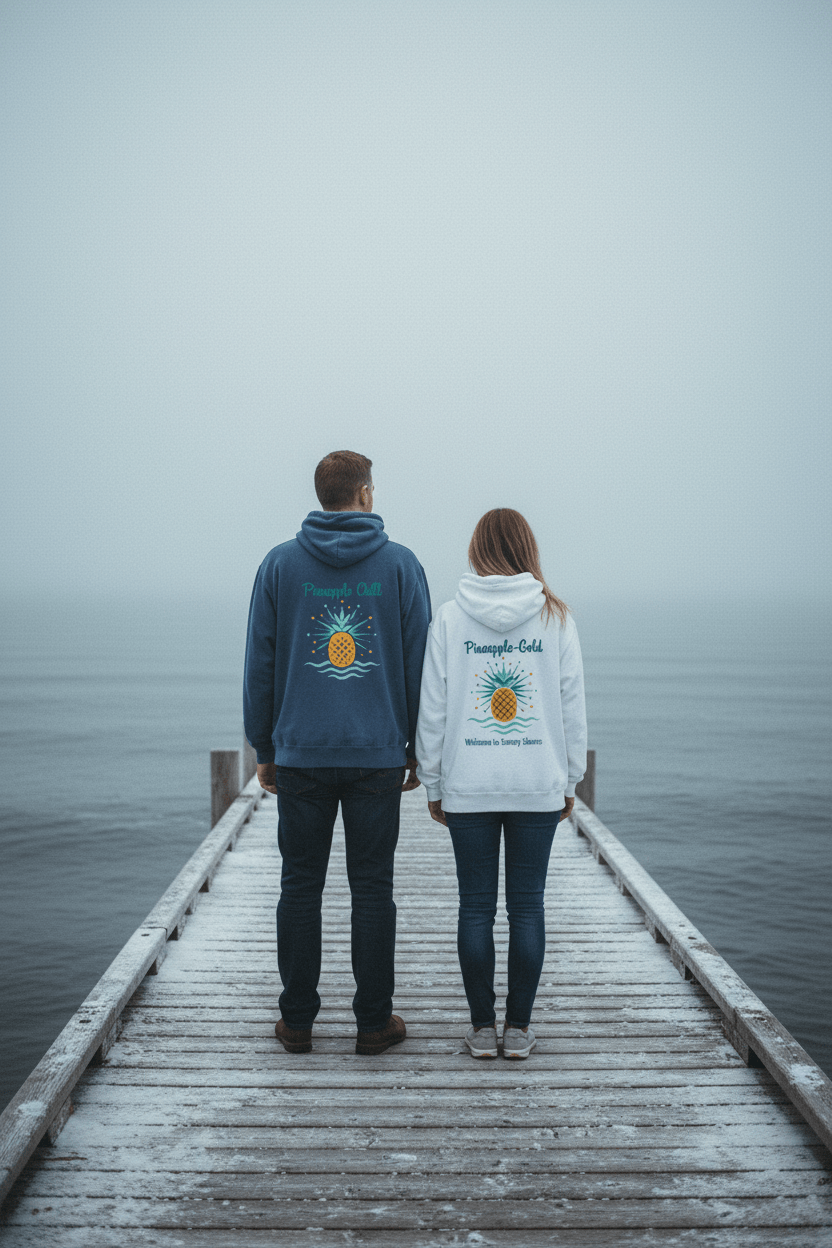 Couple showing the back of Pineapple Chill and Pineapple-Gold Hoodies on a moody Maine winter coastal dock
