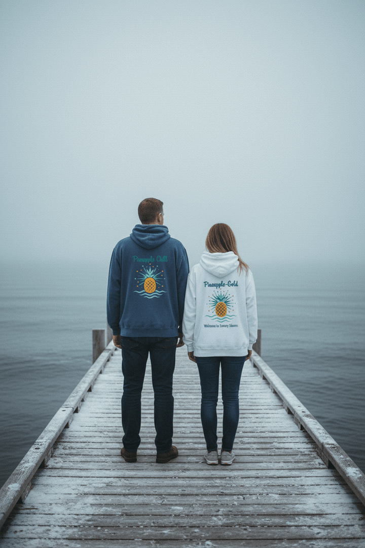 Couple showing the back of Pineapple Chill and Pineapple-Gold Hoodies on a moody Maine winter coastal dock