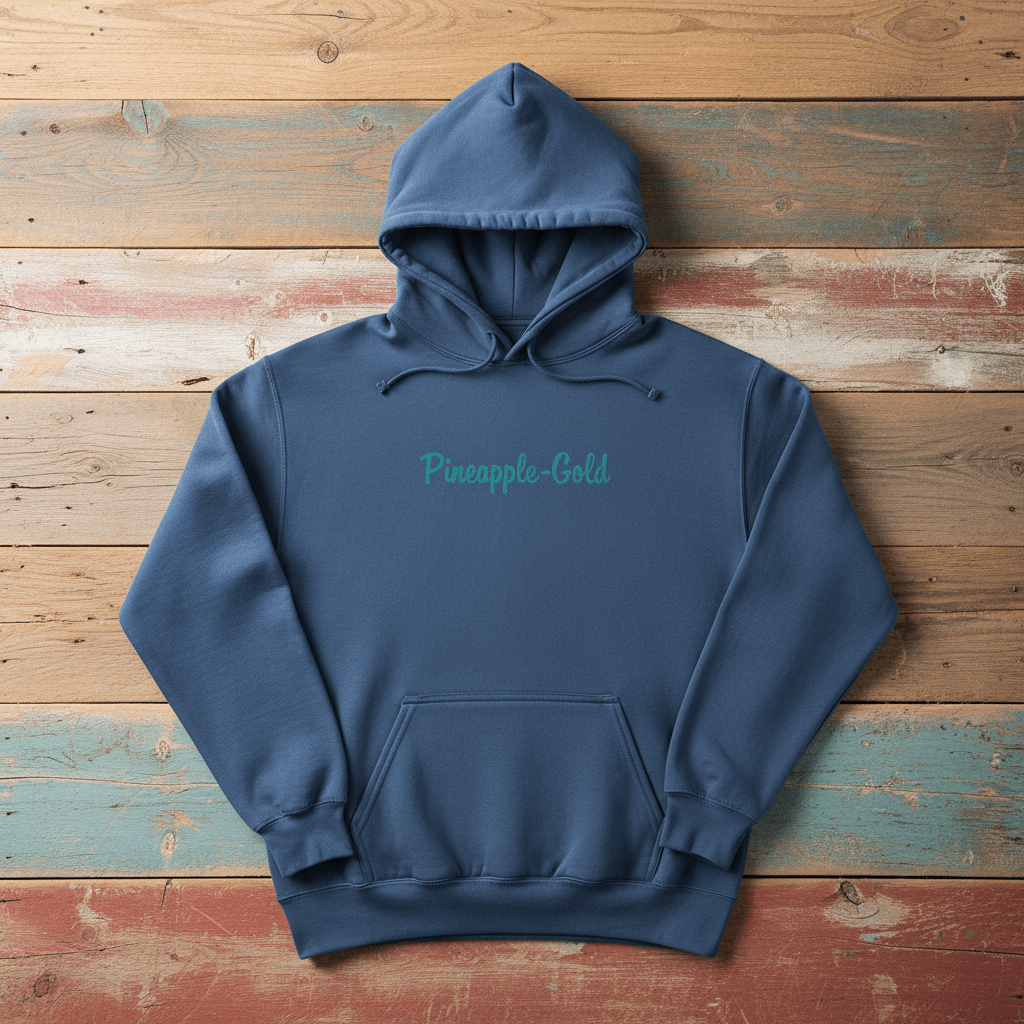 Pineapple-Gold Hoodie in Steel Blue — front chest Pineapple-Gold script on driftwood