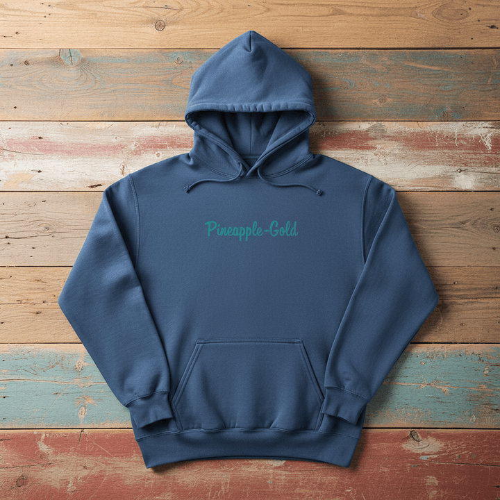 Pineapple-Gold Hoodie in Steel Blue — front chest Pineapple-Gold script on driftwood