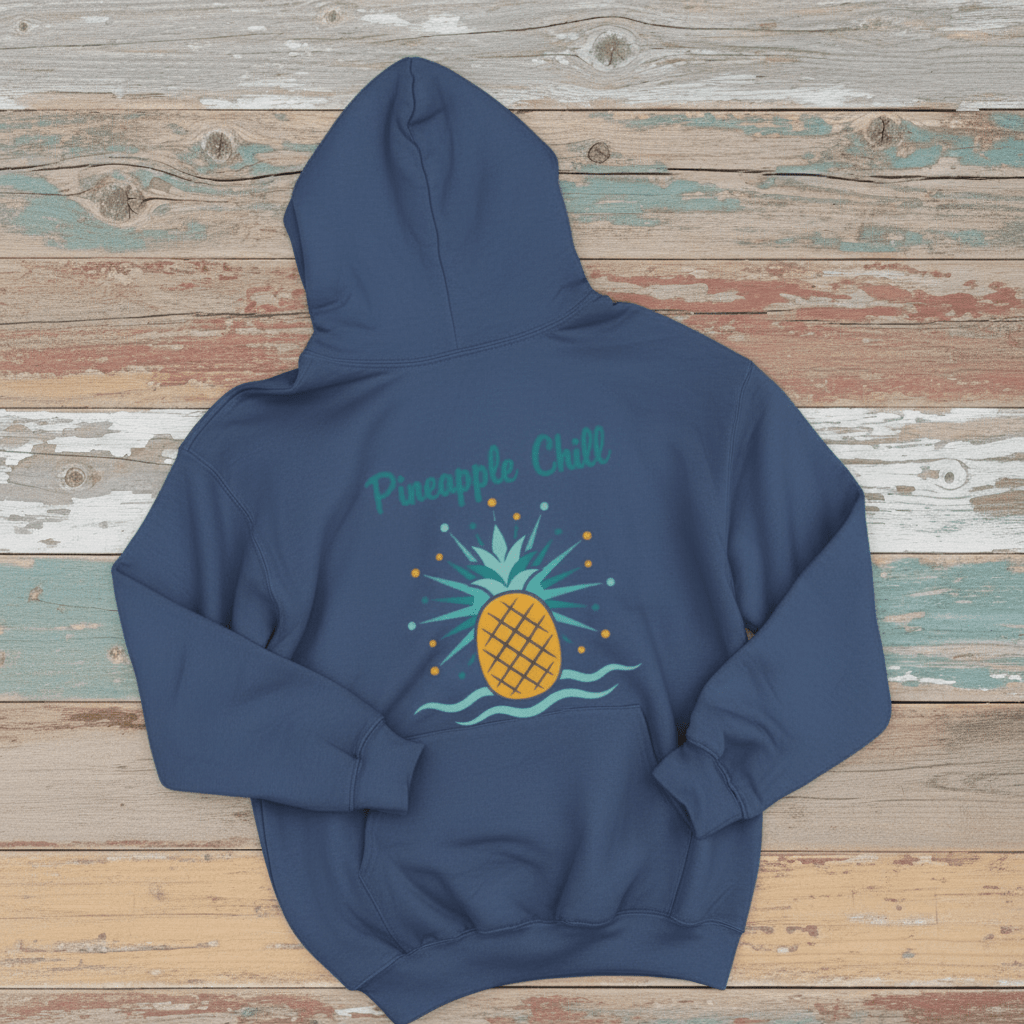 Pineapple Chill Hoodie in Steel Blue — back graphic with colorful pineapple and Pineapple Chill script on driftwood