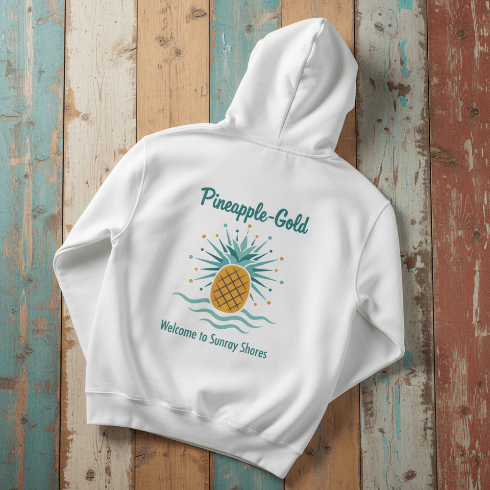 Pineapple-Gold Hoodie in White — back graphic with colorful pineapple and Welcome to Sunray Shores text on driftwood