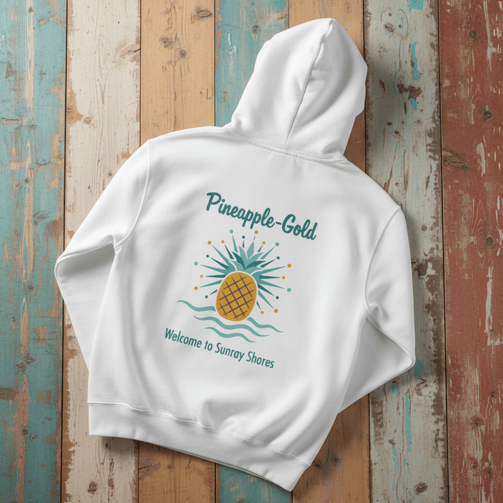 Pineapple-Gold Hoodie in White — back graphic with colorful pineapple and Welcome to Sunray Shores text on driftwood