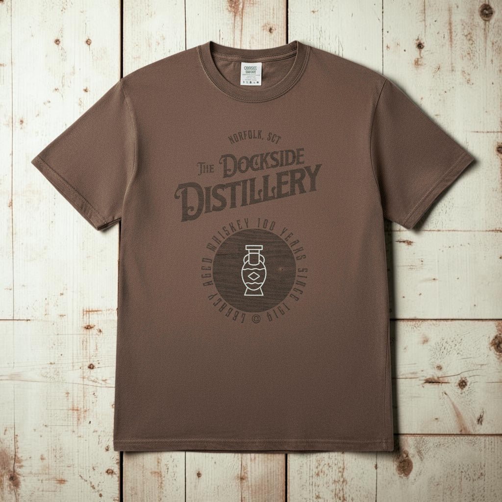 Vintage Dockside Distillery 100 Years Graphic Tee — Espresso on Colorful Driftwood