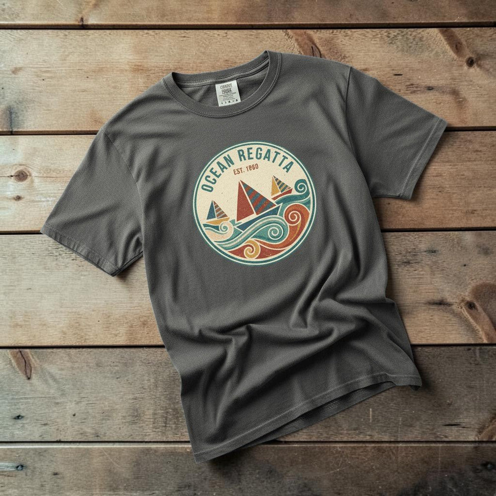 Vintage Sailboat Regatta pepper garment-dyed tee casually tousled on rustic reclaimed wood