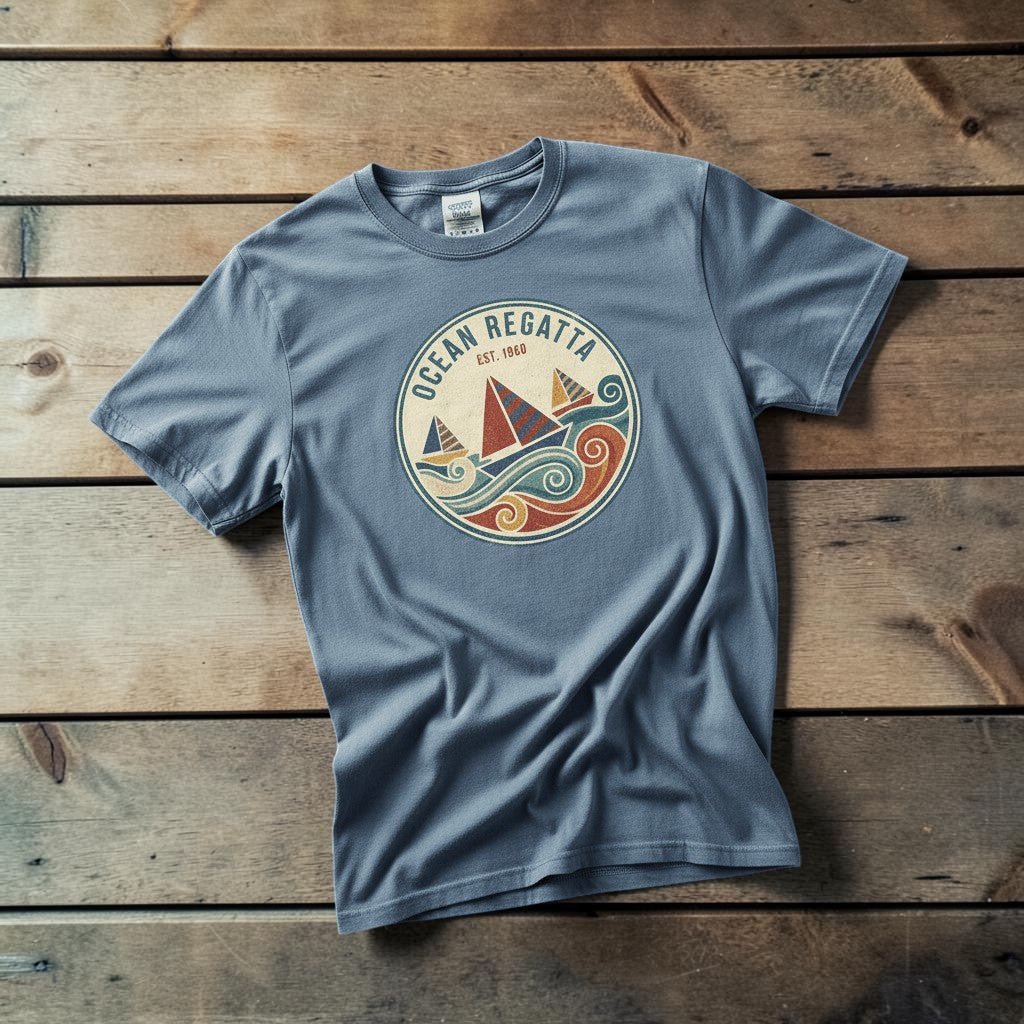 Vintage Sailboat Regatta blue jean garment-dyed tee casually tousled on rustic reclaimed wood