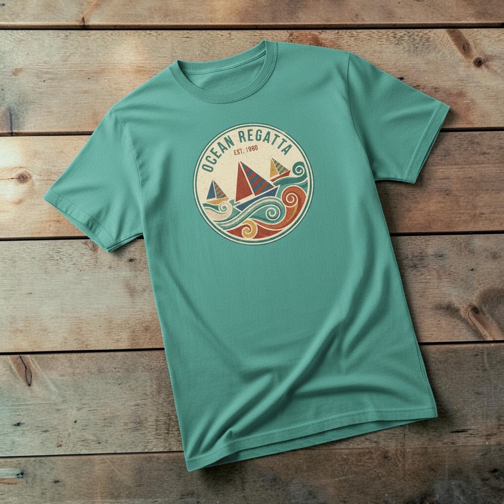 Vintage Sailboat Regatta seafoam garment-dyed tee casually tousled on rustic reclaimed wood