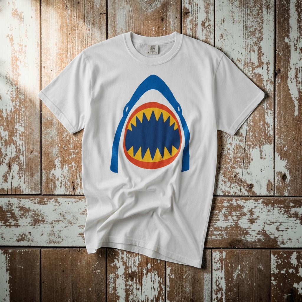Vintage Surf Shark white garment-dyed tee on faded driftwood planks