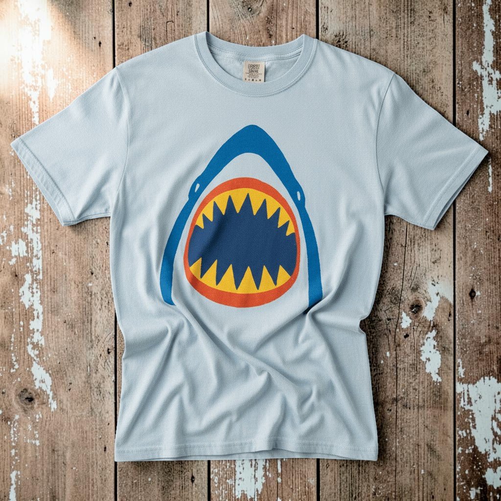 Vintage Surf Shark chambray garment-dyed tee on faded driftwood planks
