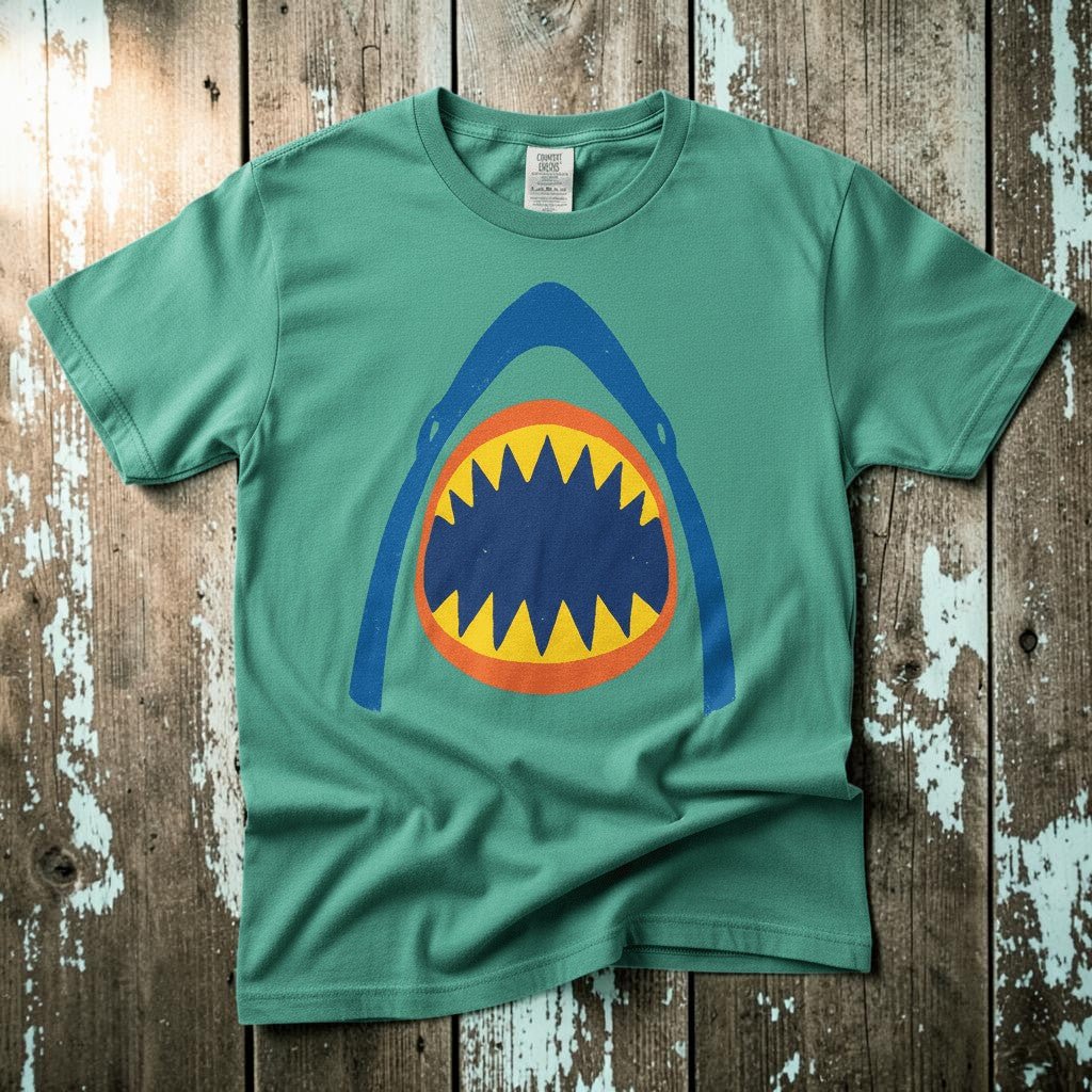 Vintage Surf Shark island green garment-dyed tee on faded driftwood planks