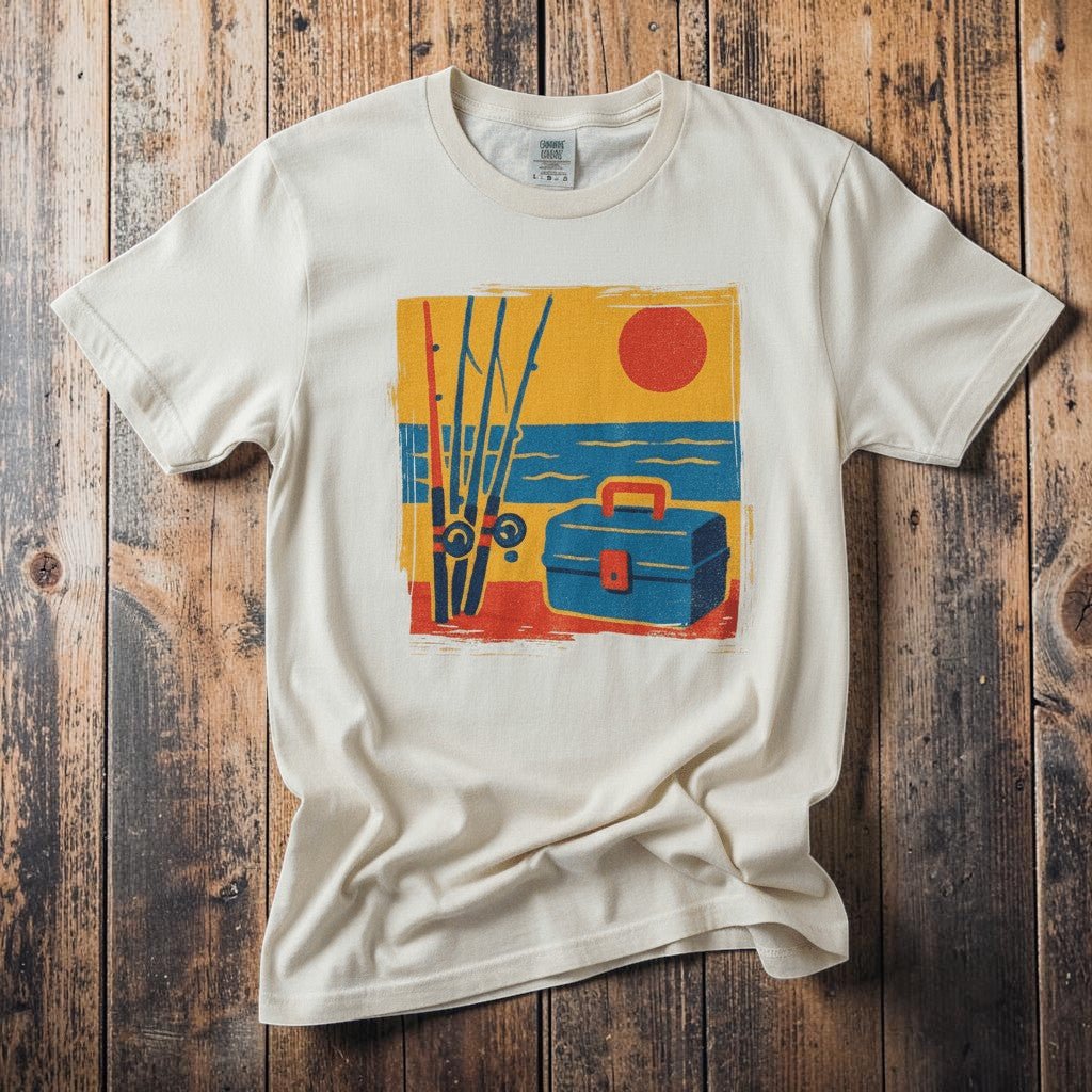 Vintage Tackle Box Sunset ivory garment-dyed tee on faded driftwood planks