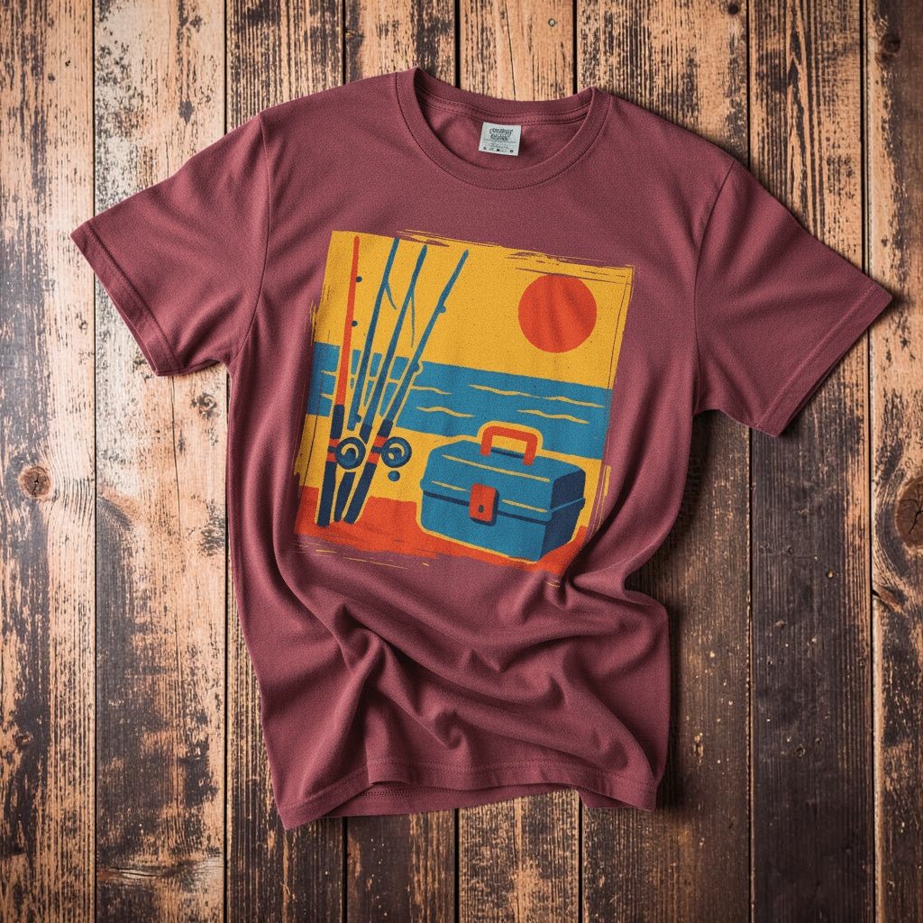Vintage Tackle Box Sunset chili garment-dyed tee on faded driftwood planks