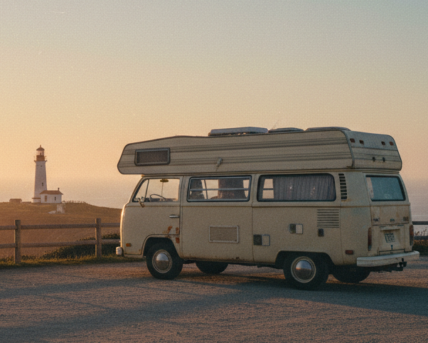 Vintage Van Overlooking Lighthouse at Hazy Sunset