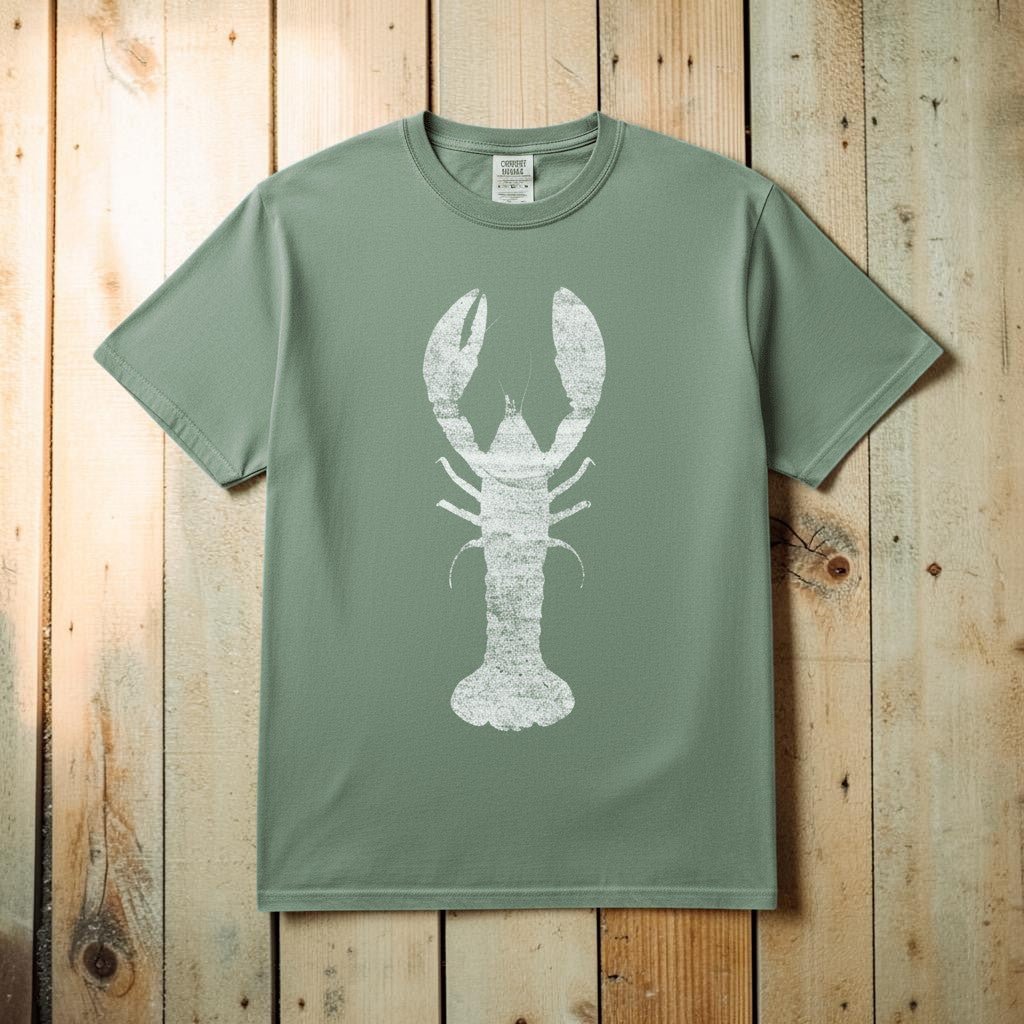 Vintage Wood Faded Lobster Graphic Tee — Light Green on Colorful Driftwood