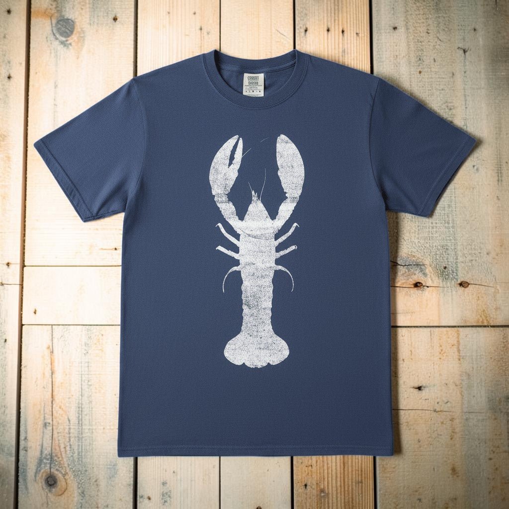 Vintage Wood Faded Lobster Graphic Tee — Midnight on Colorful Driftwood