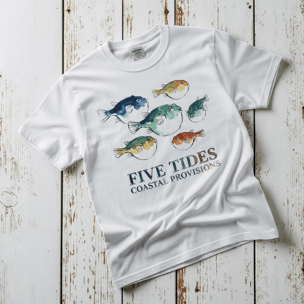 Watercolor Fish Coastal white garment-dyed tee casually tousled on rustic reclaimed wood