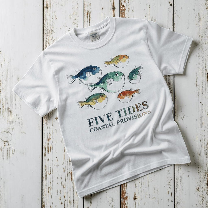 Watercolor Fish Coastal white garment-dyed tee casually tousled on rustic reclaimed wood