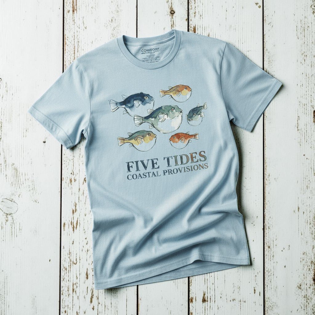 Watercolor Fish Coastal chambray garment-dyed tee casually tousled on rustic reclaimed wood