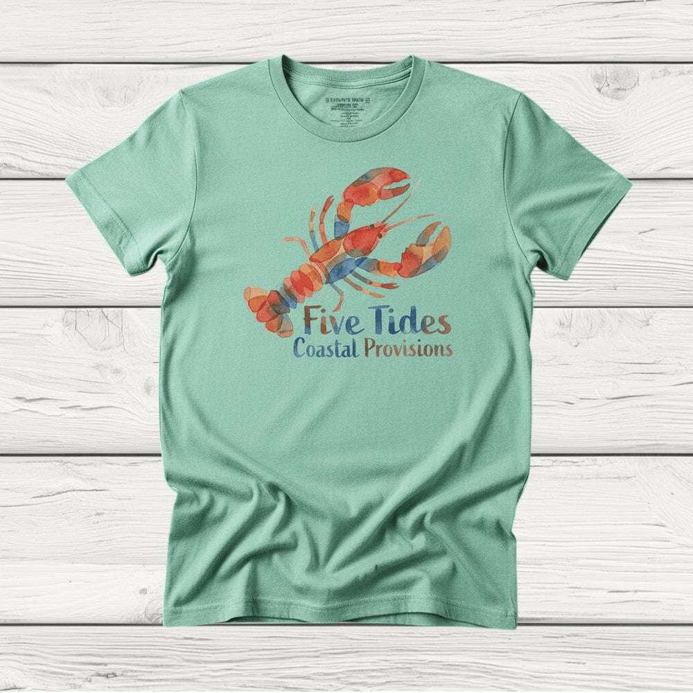Watercolor Lobster island reef garment-dyed tee casually tousled on rustic reclaimed wood