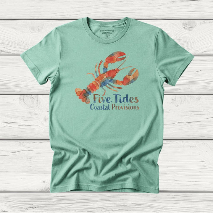 Watercolor Lobster island reef garment-dyed tee casually tousled on rustic reclaimed wood